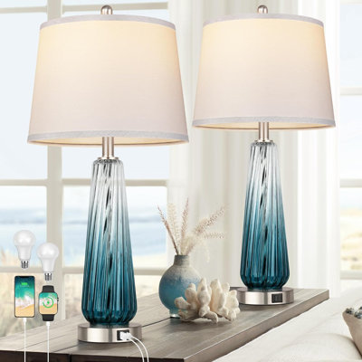 Ensemble de 2 lampes de table en verre bleu sarcelle avec ports USB A + C