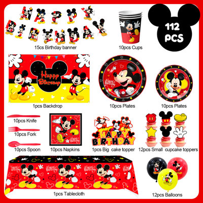 Décorations de fête d'anniversaire Mickey Mouse, 112 pièces d'articles de fête Mickey Mouse et ensemble de vaisselle pour enfants Mickey Mouse