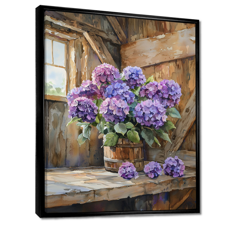 Hortensias dans la grange à traire - hydrangées, art mural, H 20 po x l 12 po, Impression encadrée flottante, Noir