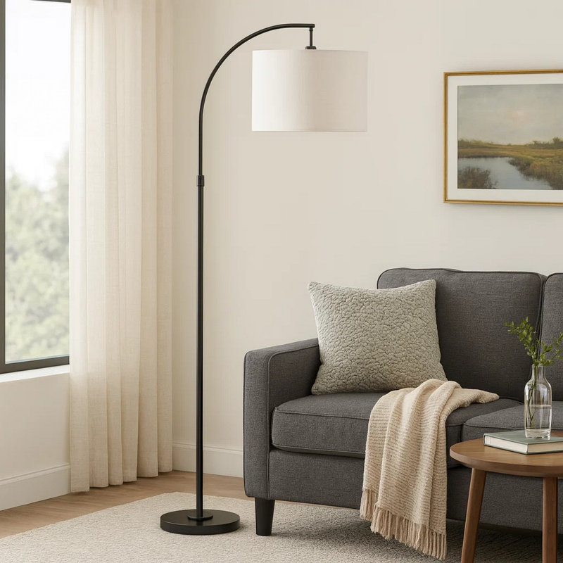 Mylo Floor Lamp, Arched Arm Design, 65 Inch, Accent Metal Frame, Black