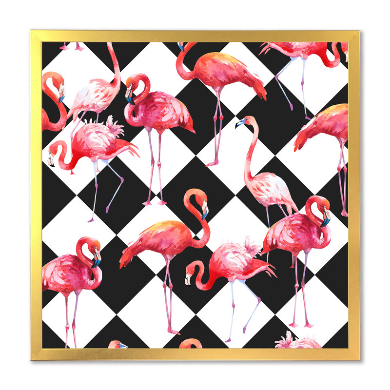 Flamants roses sur fond noir et blanc - Impression sur toile, H 16 po x l 16 po x P 1 po, Cadre photo doré