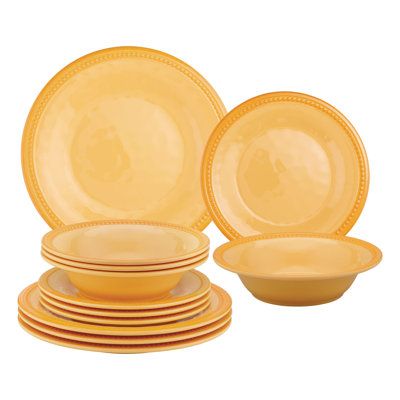12 Piece Beaded Melamine Dinnerware Set Plate and Bowl Set - Service for 4