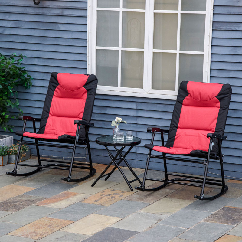 Gaskins 3pc Folding Outdoor Rocking Chair and Table Set Camping Lounger Yard, Red