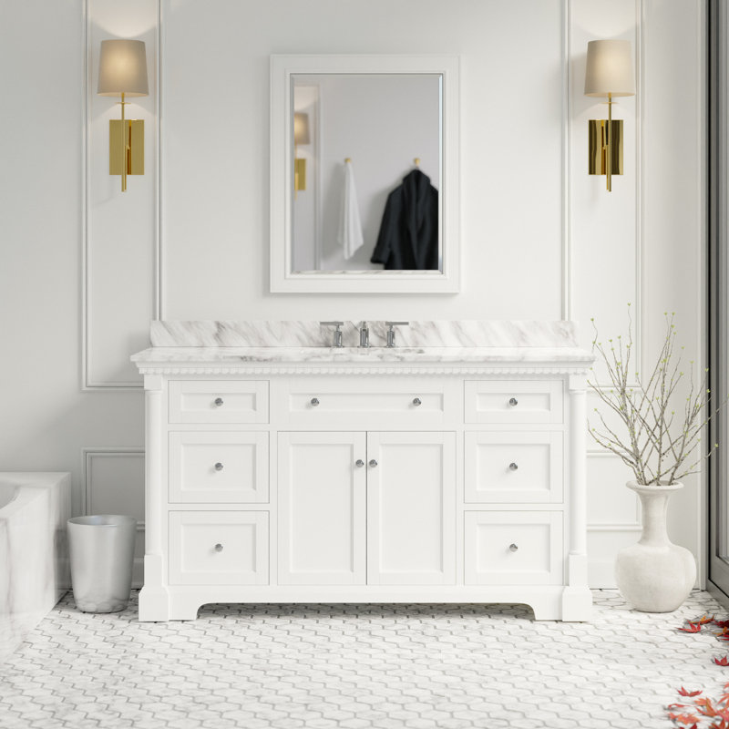 Ensemble de meuble-lavabo simple 60 po Fossen, Marbre de Carrare, Blanc