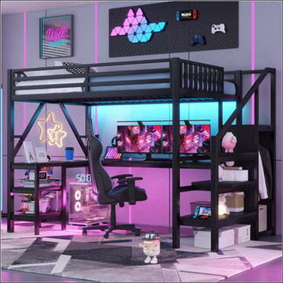 Lit mezzanine en métal avec garde-robe et lumière DEL, lit mezzanine avec bureau en L et port USB pour enfants, adolescents, adultes