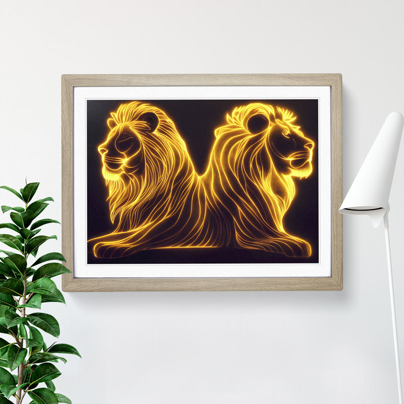 Flaming Lions Abstract 1 Piece Single Picture Frame Wall Art, 25cm H x 34cm W x 2cm D, Oak Framed