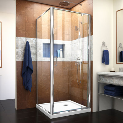 Cabine de douche carrée demi-cadre avec porte-serviettes et base Flex incluse l 36 po x P 36 po x H 74,75 po