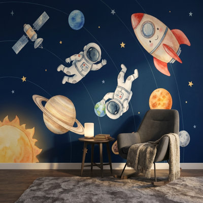 Papier peint spatial, astronautes et planètes, fresque murale