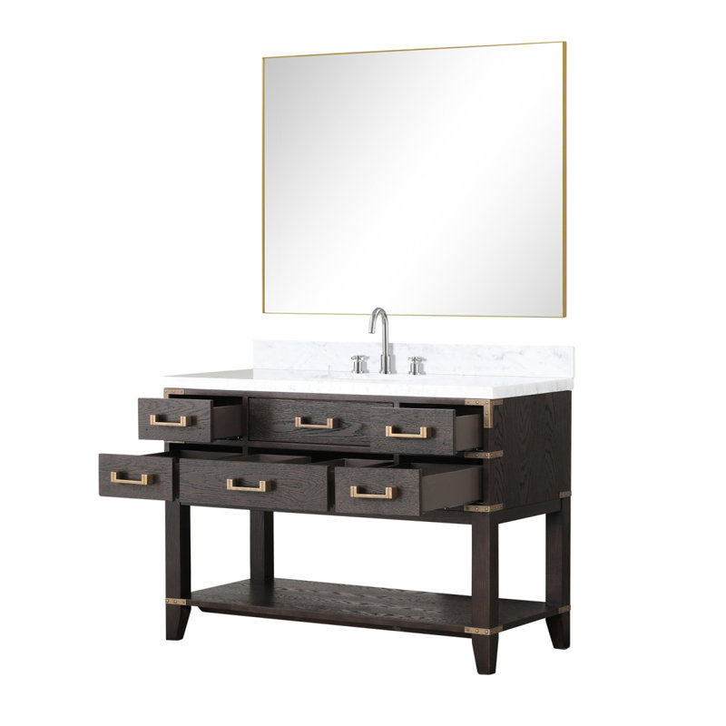 Meuble-lavabo simple en chêne brun 48 po X P 22 po D, comptoir en marbre de Carrare, ensemble de robinet et Miroir