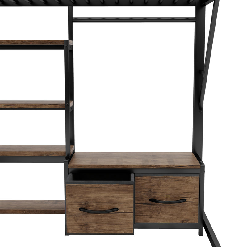 Full Size Loft Bed With Desk And Light, Metal Loft Bed With Storage Shelves, Wardrobe And Drawers For Boys Girls, Expect Arrival Date 2025/7/26