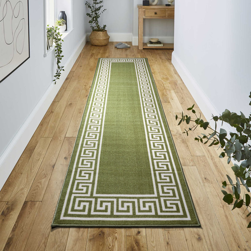 Greek-Key Green Cream Non-Slip Polypropylene Area Rug — Washable Door Mat & Hallway Runner for Living Room, Kitchen & Bedroom