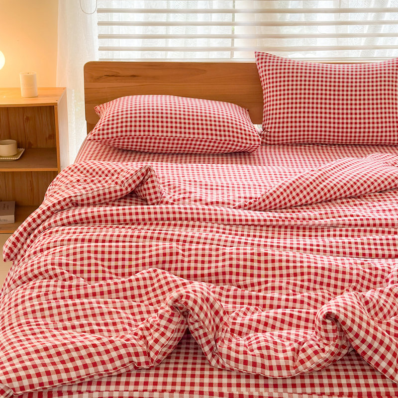 Ensemble d'édredon en microfibre prélavée Gingham, Édredon simple + 1 taie d'oreiller, Vichy écossais rouge