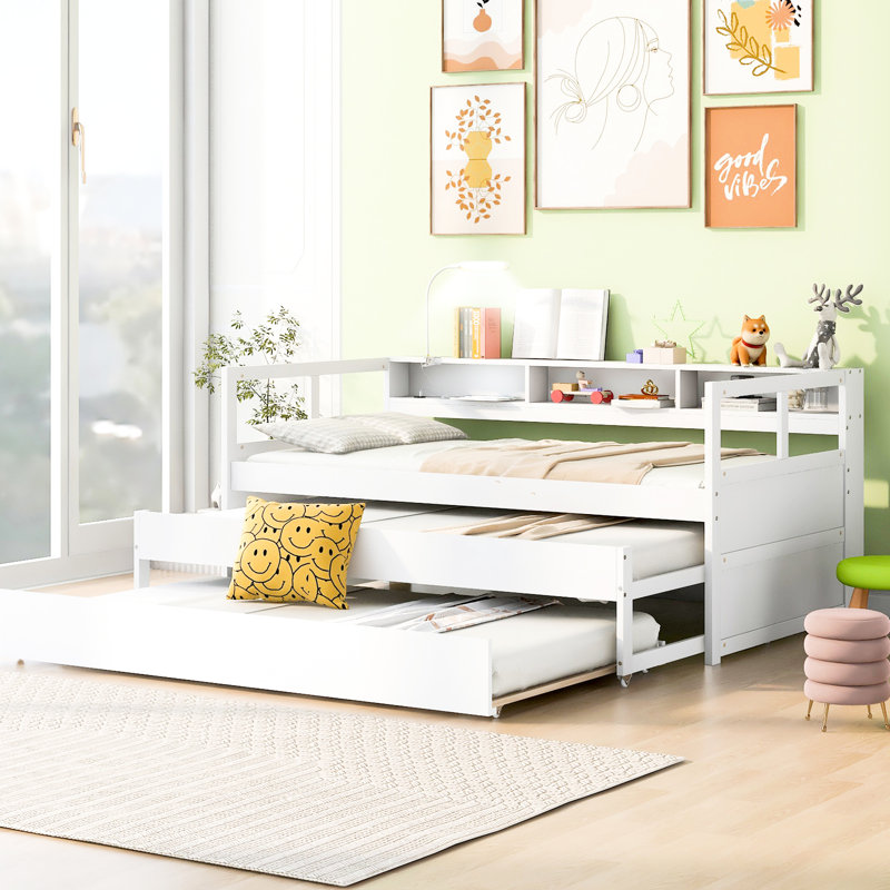 Lit de jour simple en bois TG, blanc, 2 lits gigognes, 3 espaces de rangement, de chargement et peu encombrant, Blanc