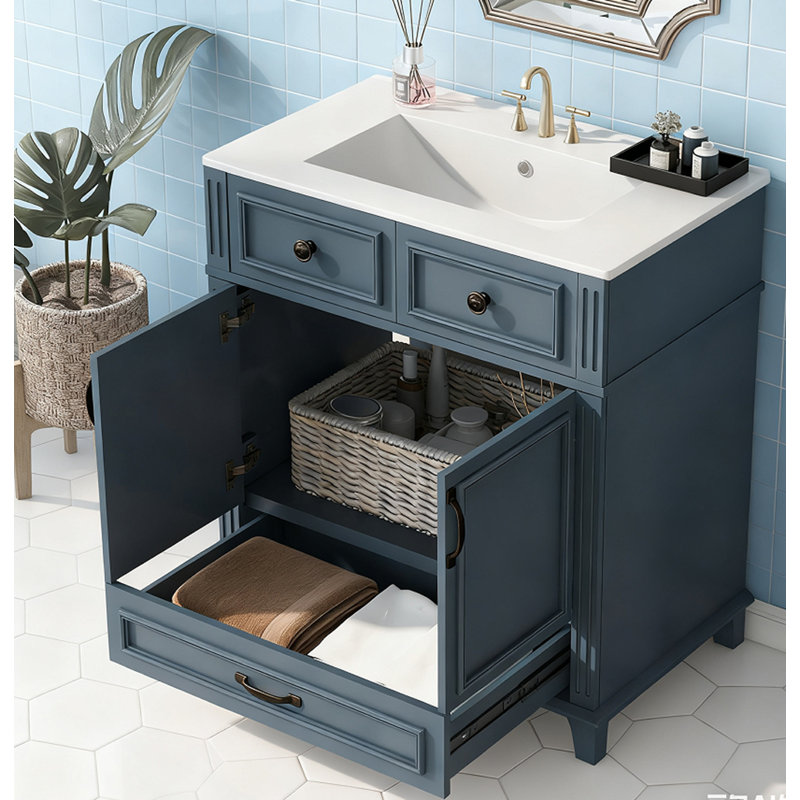 Meuble-lavabo 30 po avec lavabo en céramique, Bleu / Noir