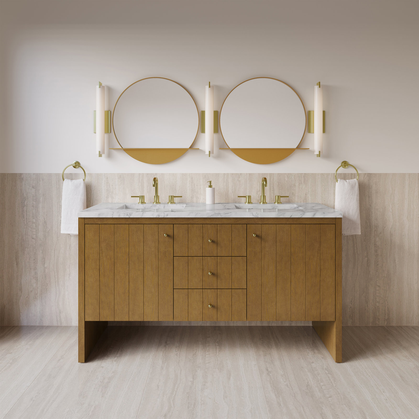 Hudson 60'' Double Bathroom Vanity, Carrara White, 8" Widespread, Honey Brown