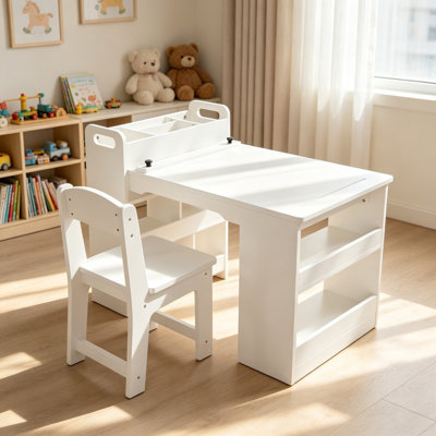 Table d'art pour enfants et 2 chaises avec porte-rouleau en papier et étagères de rangement latérales, bureau d'activités de dessin et de loisirs créatifs multifonctionnel pour salle de jeux, chambre d'enfant, salle de classe à la maison, blanc