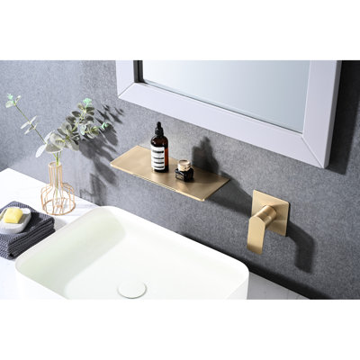 Modern Wall Mounted Sink Faucet - Brushed Gold, Waterfall, Single Handle Captivation Gold Bathroom Waterfall Design,