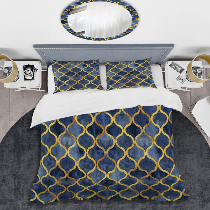 Ensemble de housse de couette moderne Blue Gold Modern Trellis Glam II, Housse de couette très grand et 2 très grandes t