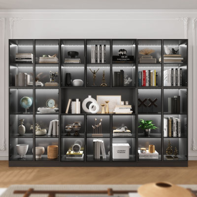 Bookcase with Glass Doors and Led Lights, Combination Display Cabinet with 19 Shelves, Modern Glass Display Case Set of 3, Black