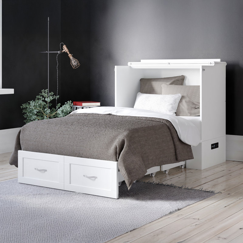 Commode et lit escamotable avec matelas 6 po, rangement et chargeur intégré Atiyah, Blanc, Simple TG