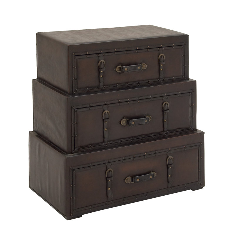 Isabel Wood Vintage Faux Leather Room Chest with Buckles and Straps Detailing, Brown