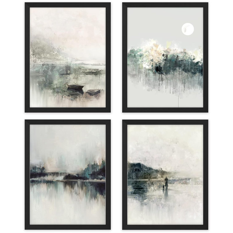 «Misty Mountain Lake», paysage abstrait, décor de bureau encadré sur papier, impression de 4 pièces, Blanc