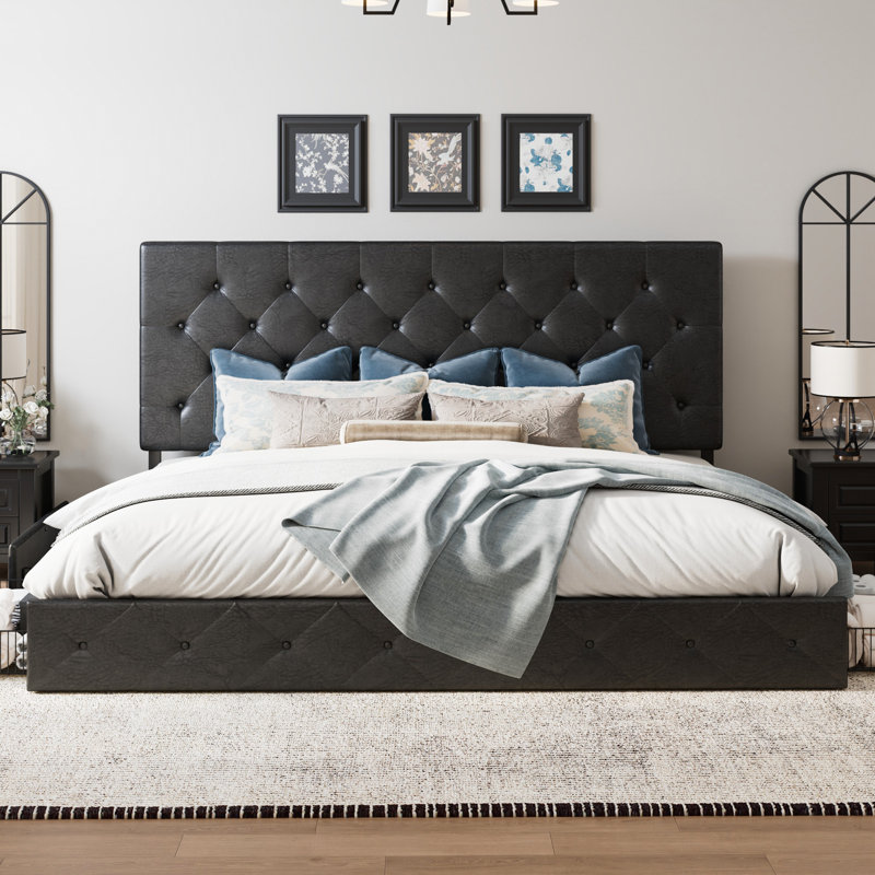 Silvester Modern Upholstered Platform Storage Bed with Wooden Slats, no box spring needed, Queen, Black Diamond Faux Leather