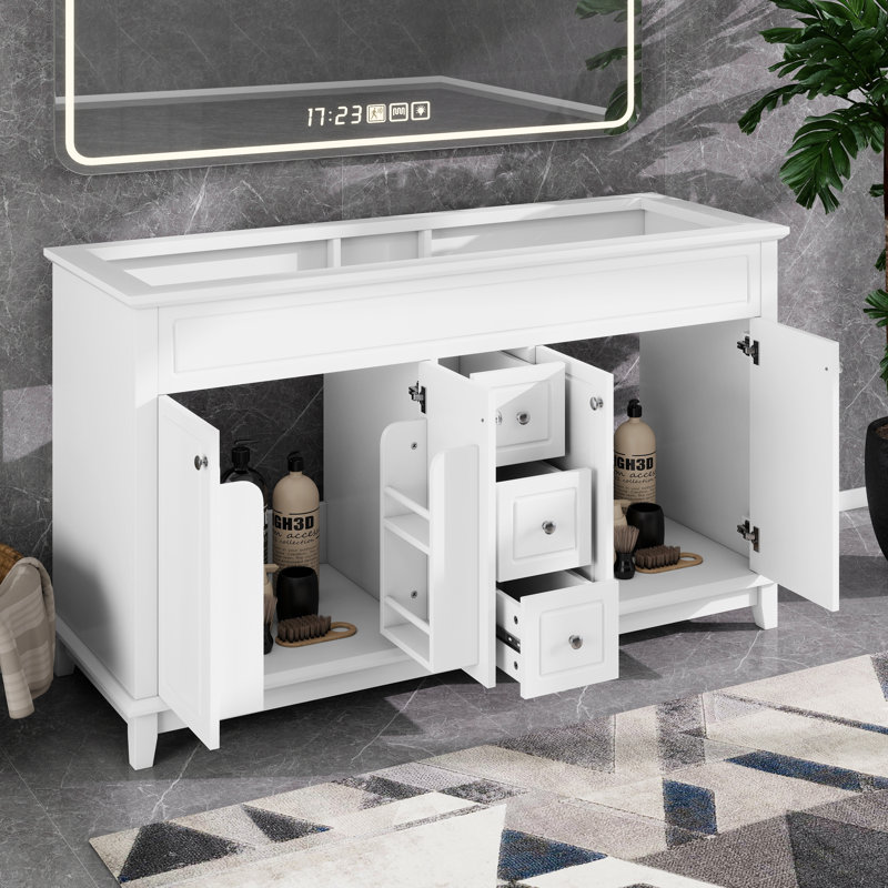 Meuble-lavabo de 58 po sans lavabo, armoire seulement, 3 tiroirs et 4 portes, système de fermeture en douceur, pieds en bois massif
