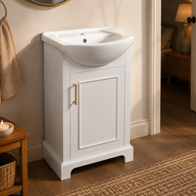 Meuble-lavabo de style français de 50,3 cm (19,82 po) avec lavabo en céramique, autoportant, porte à fermeture douce, lavabo bombé, blanc