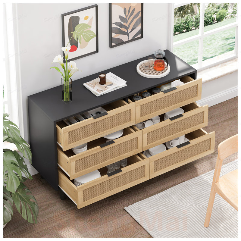 Armoire de rangement en rotin à 6 tiroirs avec glissières à tiroir lisses pour l'organisation de la chambre à coucher et du salon