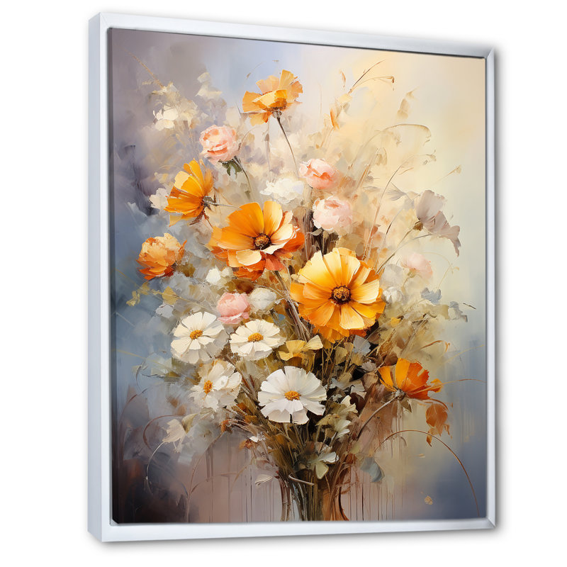 «Darb Beige Sunflowers», impression romantique sur toile, H 44 po x l 34 po x P 1,5 po, Cadre flottant blanc
