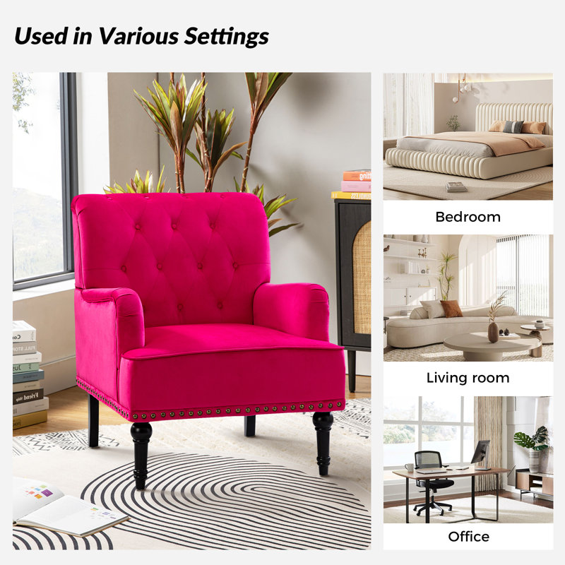 Jakub 28.5" W Velvet Upholstered Tufted Armchair with Nailhead Trim , Fuchsia Velvet
