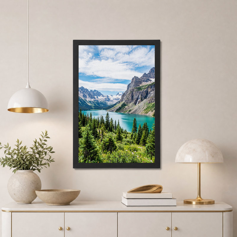 «Turquoise Lake and Pine Trees with Mountain Waterfall», art mural, H 30 po x l 20 po