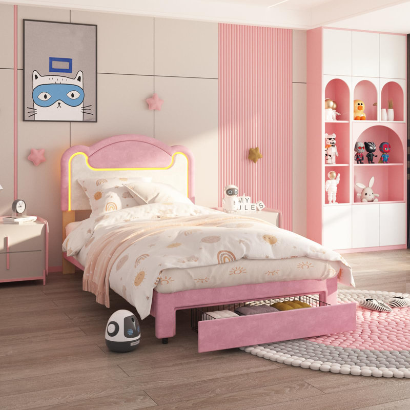 Upholstered Bed Frame with LED Lights & Fabric Headboard for Bedroom, Twin, Pink