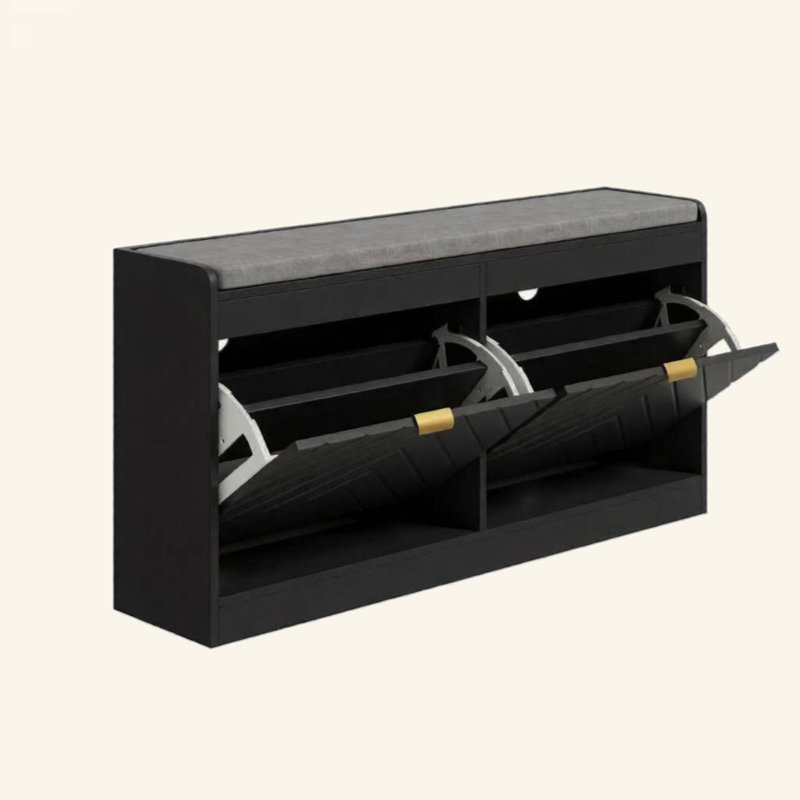 Banc d'entrée étroit et rembourré avec rangement, meuble à chaussures avec 2 tiroirs rabattables et 2 aérations, peut contenir 8 paires de chaussures.