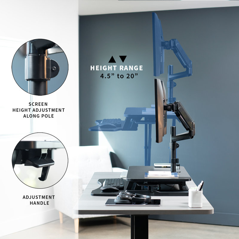 Black Adjustable Standing Desk Converter with Dual Monitor Mount