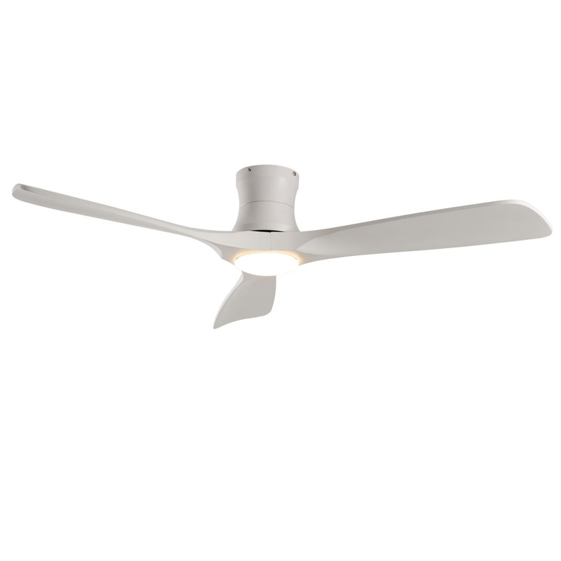 52 In. White Modern Flush Mount Led Ceiling Fan With 3 Solid Wood Blades