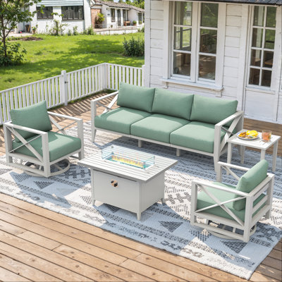 Ensemble de conversation moderne en aluminium 5 pièces avec chaises berçantes pivotantes et table de foyer d'extérieur - blanc