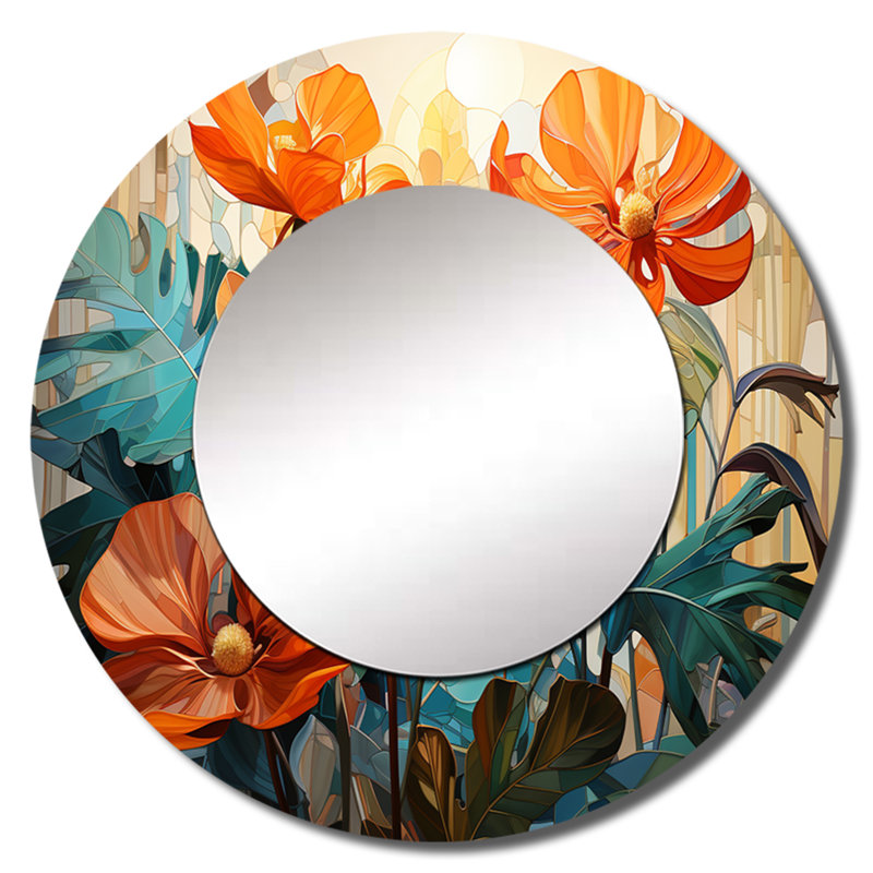 «Tropical Orange and Green Foliage II» - miroir mural palmiers, miroir décoratif rond vert, impression d'art en métal