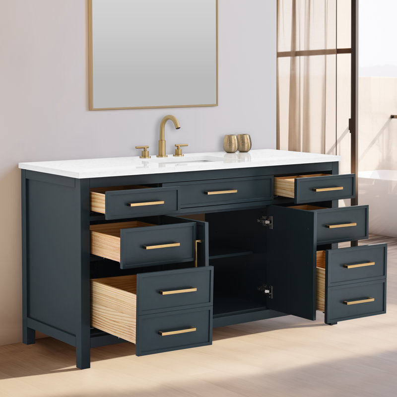 Meuble-lavabo simple 60 po Wenniah, Bleu rétro / bronze brossé