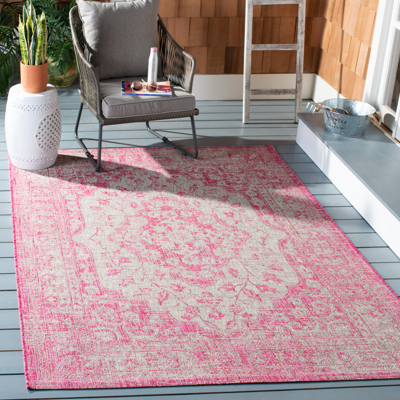 Tapis intérieur / extérieur rose / crème Arneshia, Rectangle 8 pi x 10 pi