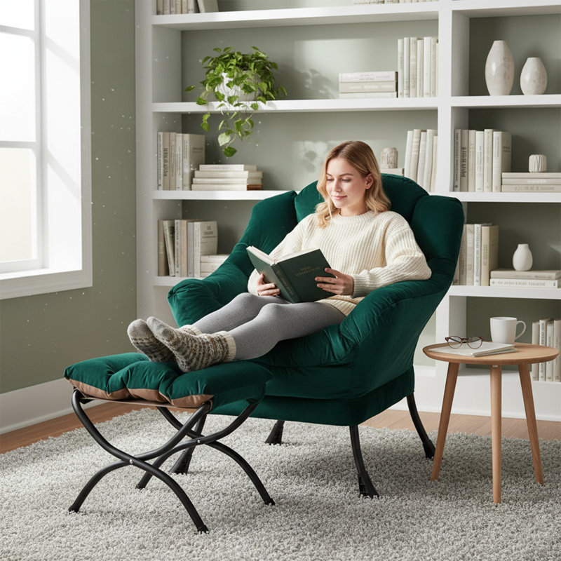 Fauteuil paresseux et rembourré Abramson, Velours vert foncé, Non