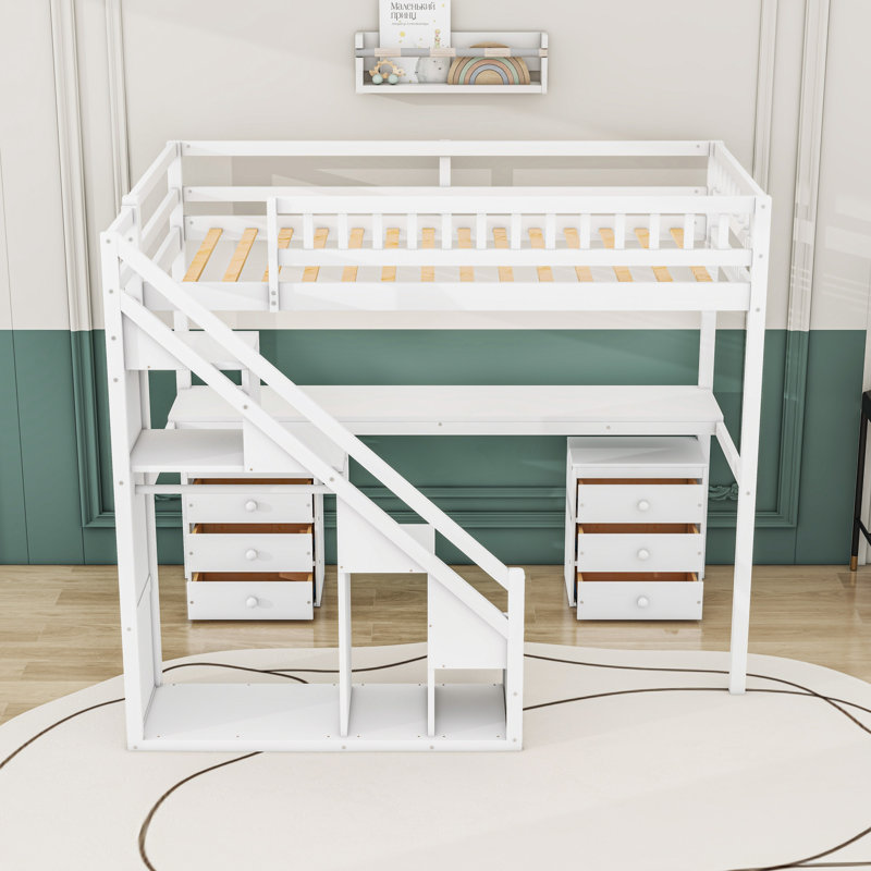 Lit mezzanine avec bureau, tiroirs de rangement, bande lumineuse à DEL et escalier latéral, Simple, Blanc