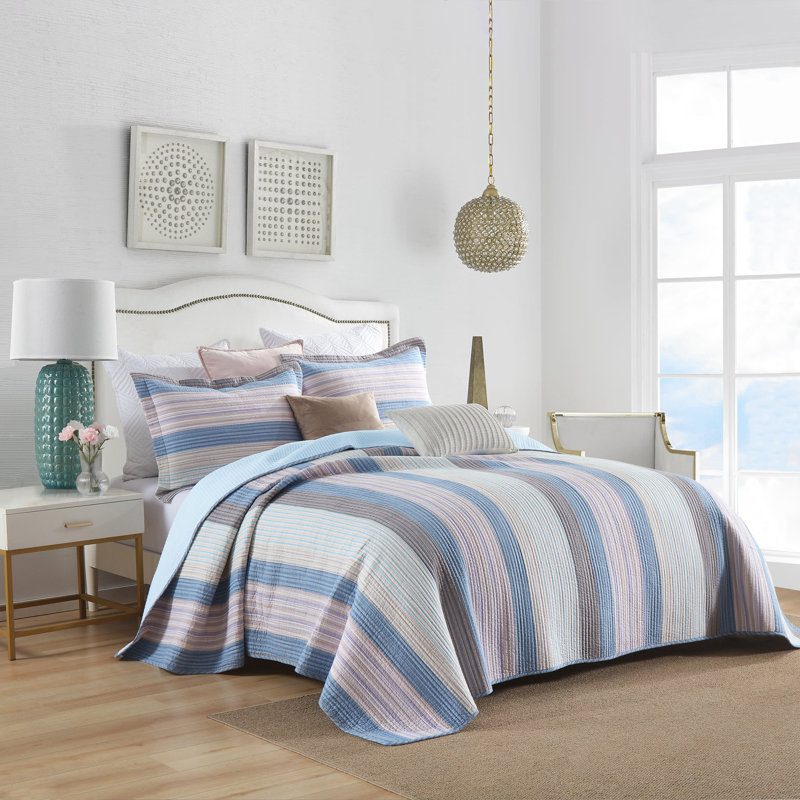 Ensemble de courtepointe 100% coton MarCielo, Bleu / brun / beige, Courtepointe très grand + 2 taies décoratives