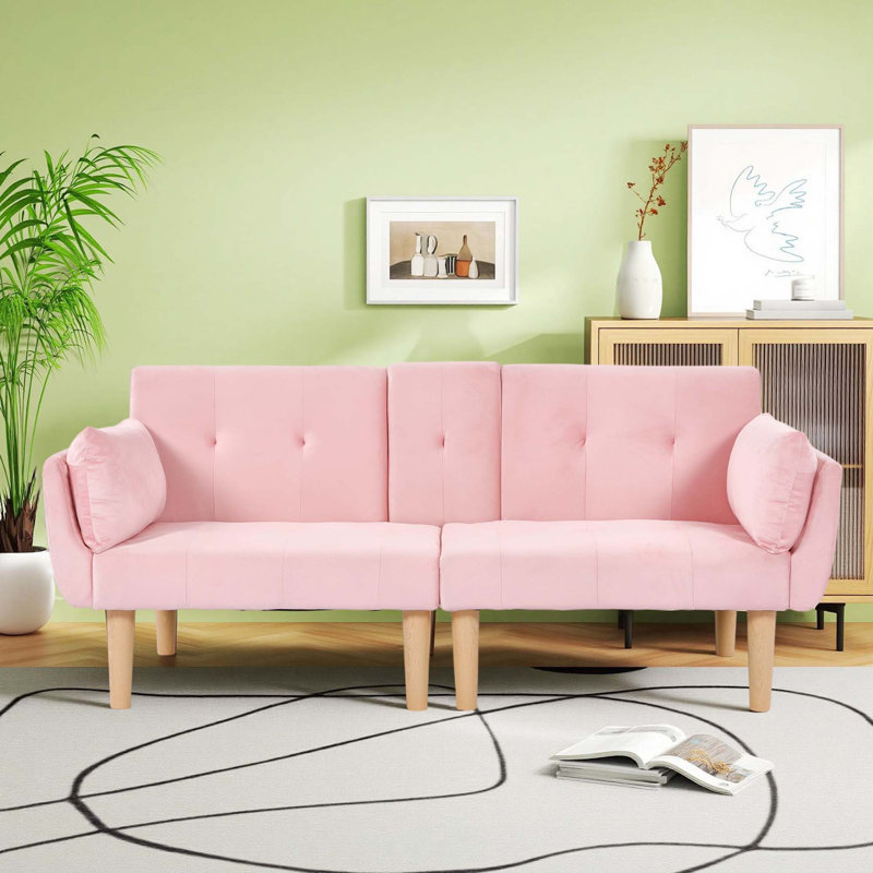 Canapé double pliable en velours pour salon, Velours rose, Naturel