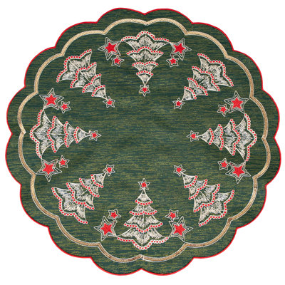 Doily Embroidered Gold Scrollwork Christmas Trees Green Linen 24 Inch Round