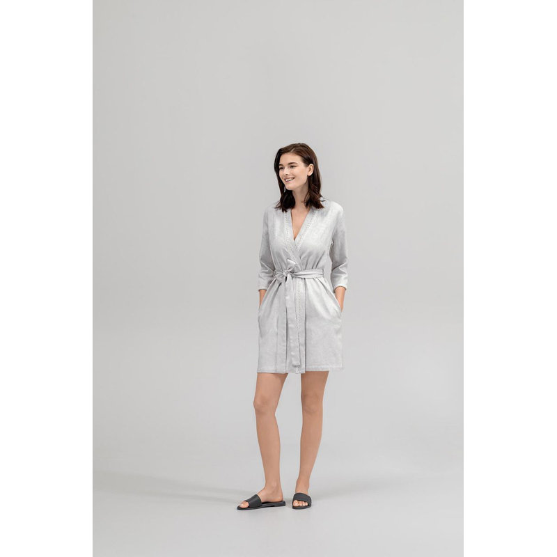 Doris Cotton Blend Terry Cloth Girl / Woman+ Above Knee Bathrobe with Pockets, S, Gray/Silver