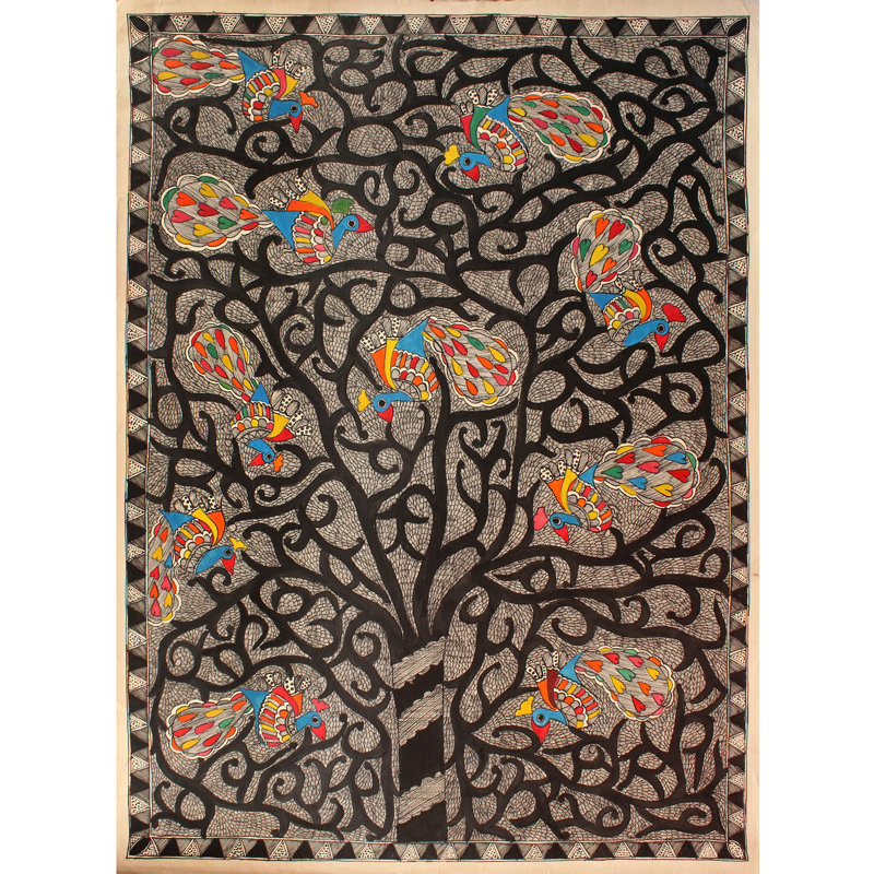 Arbre plein de paons colorés | Madhubani Peinture