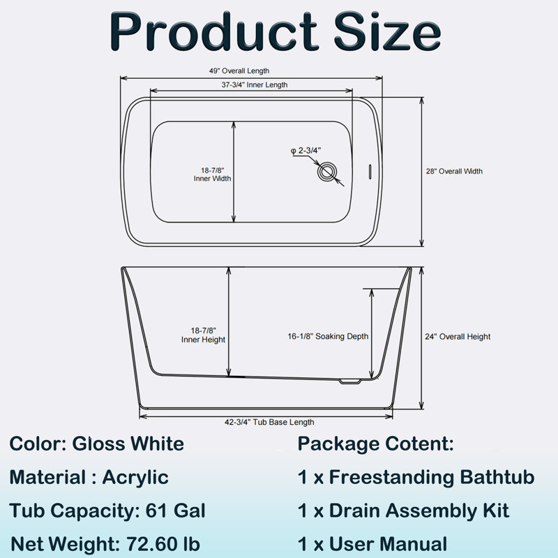 49'' Acrylic Freestanding Soaking Bathtub With Chrome Overflow And Quick Drain, Glossy White