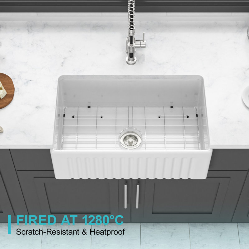 Évier de cuisine blanc réversible à tablier réversible en céramique de porcelaine de 30 po résistant aux égratignures et aux taches, avec évier de ferme à surface standard, surface vitrée lisse, faible absorption d'eau, hygiénique résistant à la chaleur,
